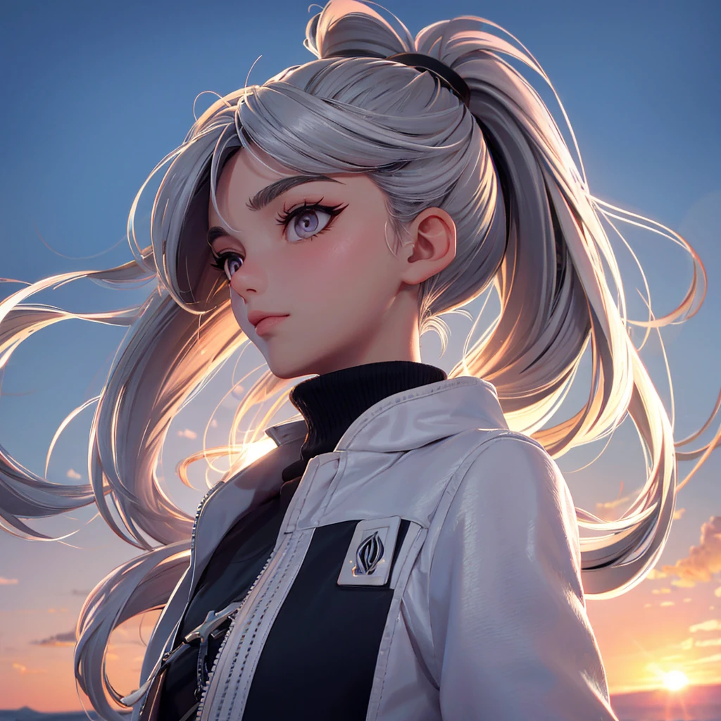 Girl, ponytail brow hair. Silver eyes. Luz do sol ao amanhecer. jacket.