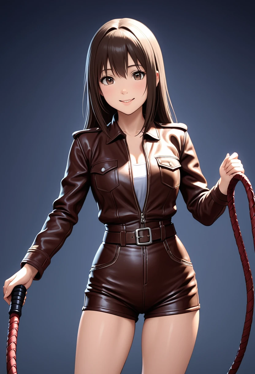 (((Pixel Perfect,Perfect in every detail))), A girl ,smile,Leather costume,NSWF,A cute leather whip,whip,cinematic,whipを手に持っている,