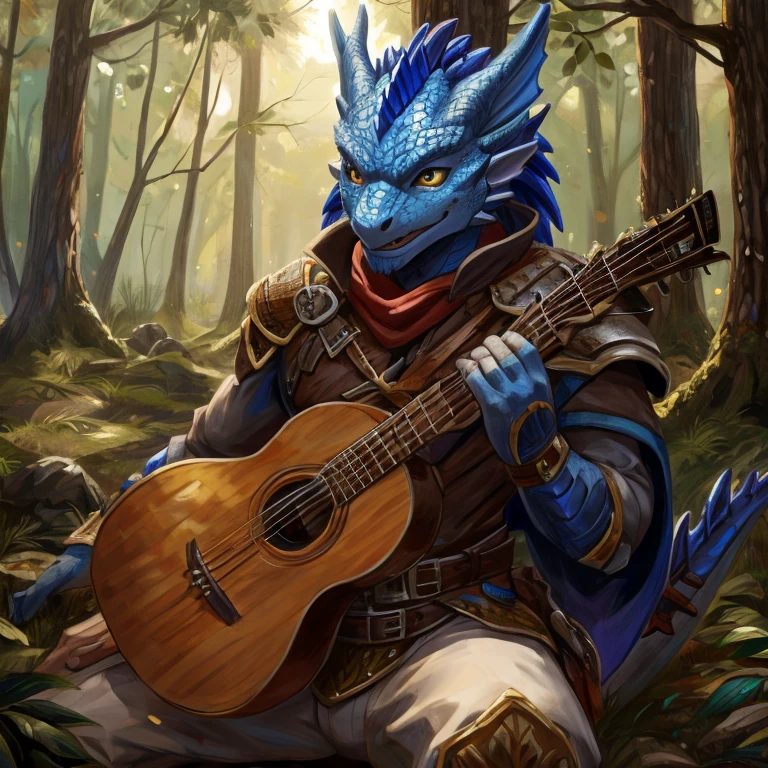 Blue Dragonborn, bard, forest, playing lute front detailed, high resolution