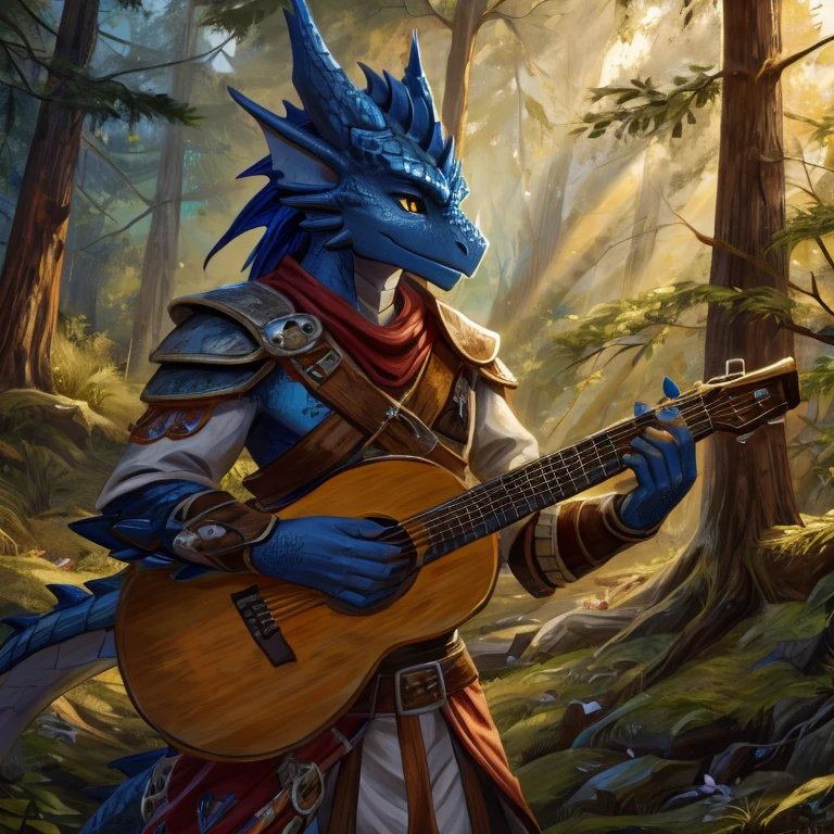 Blue Dragonborn, bard, forest, playing lute front detailed, high resolution