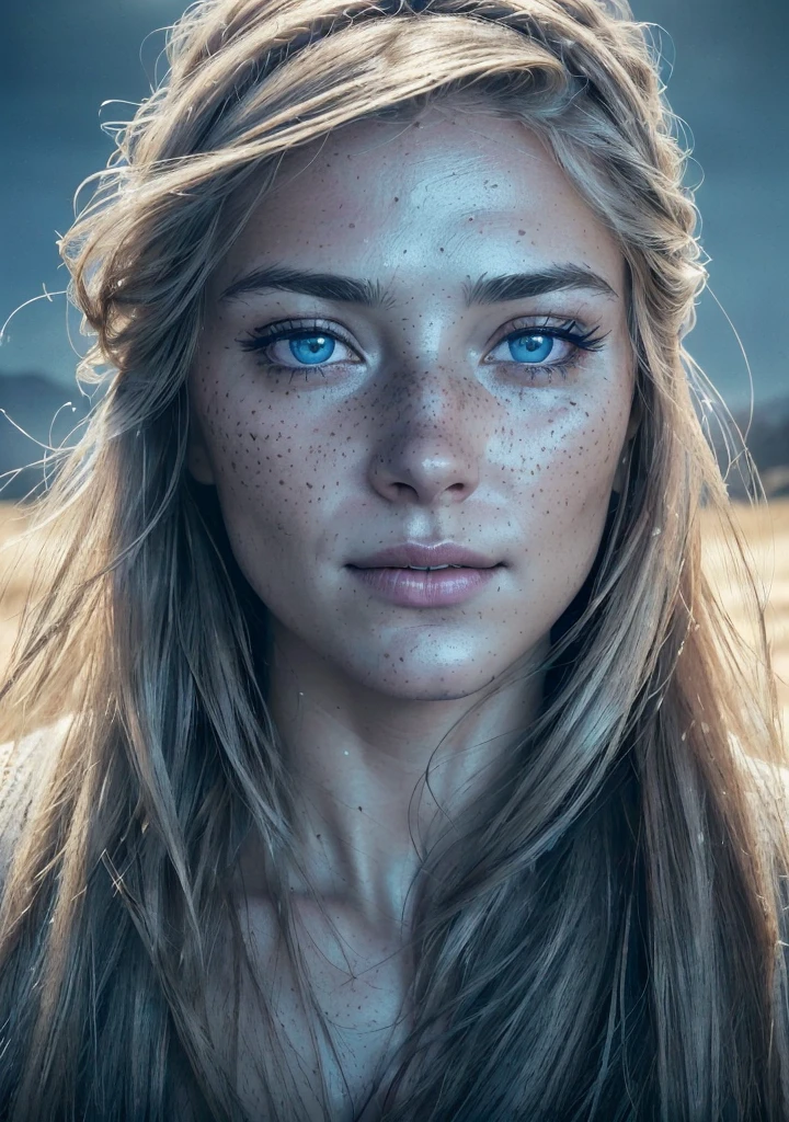analog style, model shoot style, RAW close portrait of a warror viking 1woman, ((beautiful face: 1.7, 
perfect whole body photo, perfect face:1.3)), (from above:1.2), best quality, epic (by lee jeffries photo, sony a7, 50 mm, pores:1.5, colors, hyperdetailed:1.5, film grain:1.4,
hyperrealistic: 1.5), hyper-realistic lifelike texture, masterpiece, unreal engine 5, Extremely detailed CG unity 8k wallpaper, realistic blue eyes,
Madly detailed photo, (ecstasy of light and shadow, deep shadow), (Winner of the Pulitzer Prize for Photography and Taylor Wessing Photographic Prize) dressed in Viking clothing. Photorealistic freckles, cute smile,