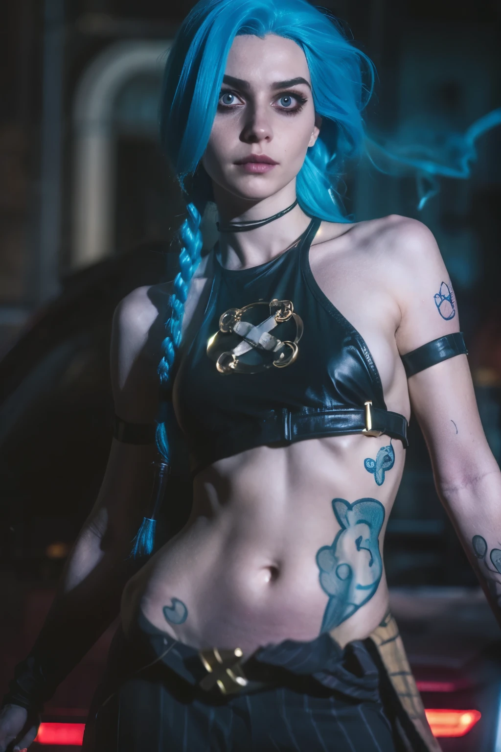 Hyper realistic super detailed Jinx cosplay , Young girl, ************, Very detailed, (hyper realistic: 1.4), in dynamic pose, angry face, twin braids, long hair, blue hair, red eyes, tattooed arm , ((angry face)), arcane style. ((Grunge Neon grafitti background, smoke, cinematic lighting)).