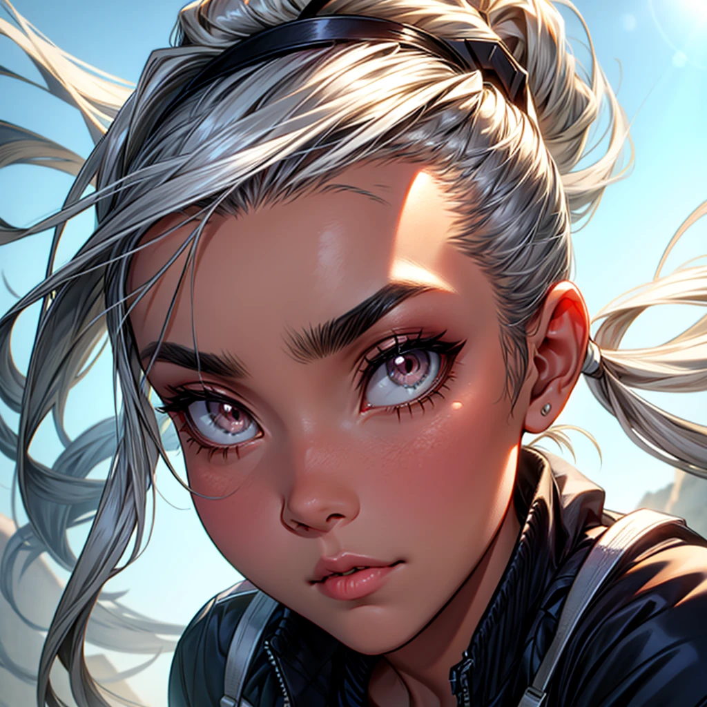 Girl, ponytail brow hair. Silver eyes. Luz do sol ao amanhecer. jacket.