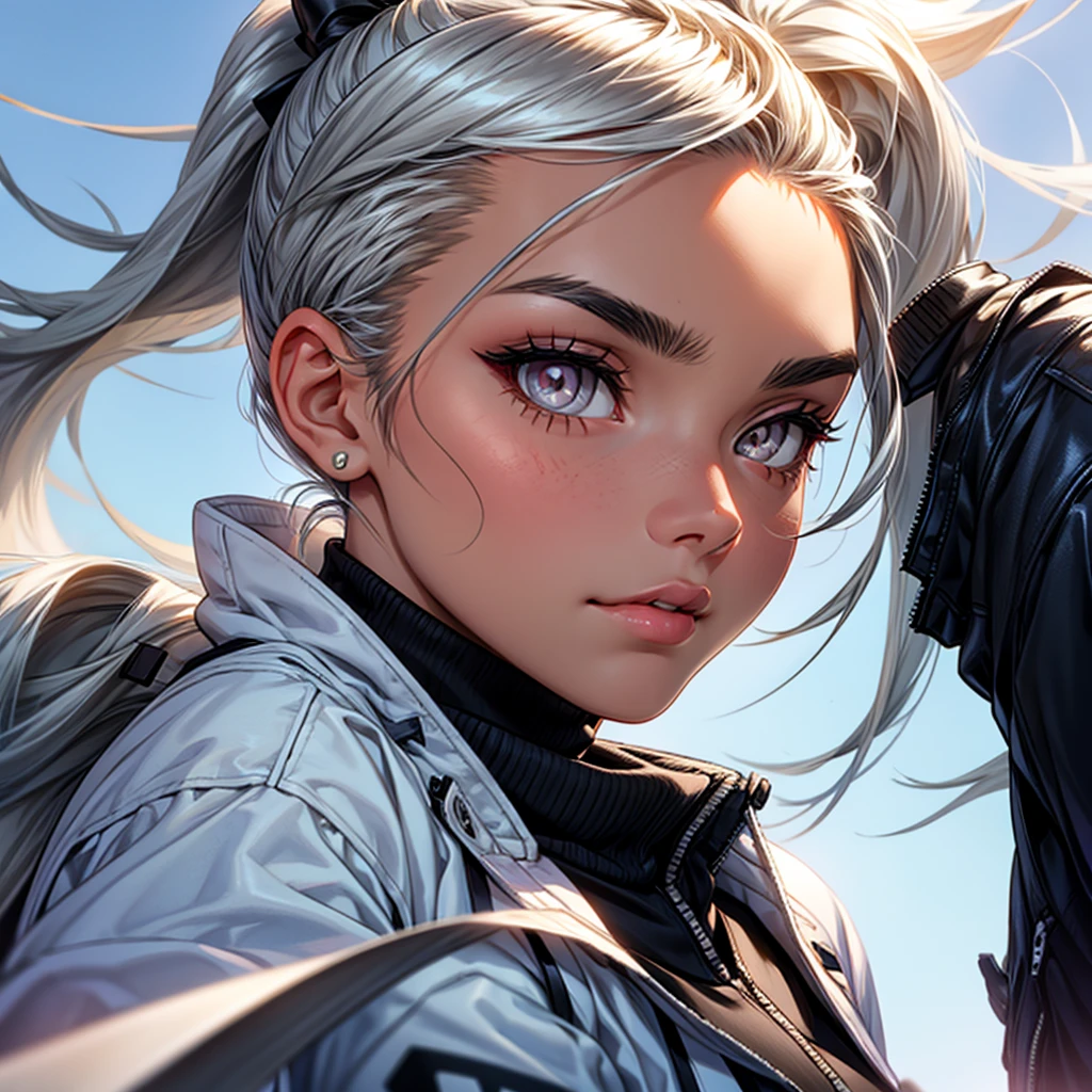 Girl, ponytail brow hair. Silver eyes. Luz do sol ao amanhecer. jacket.