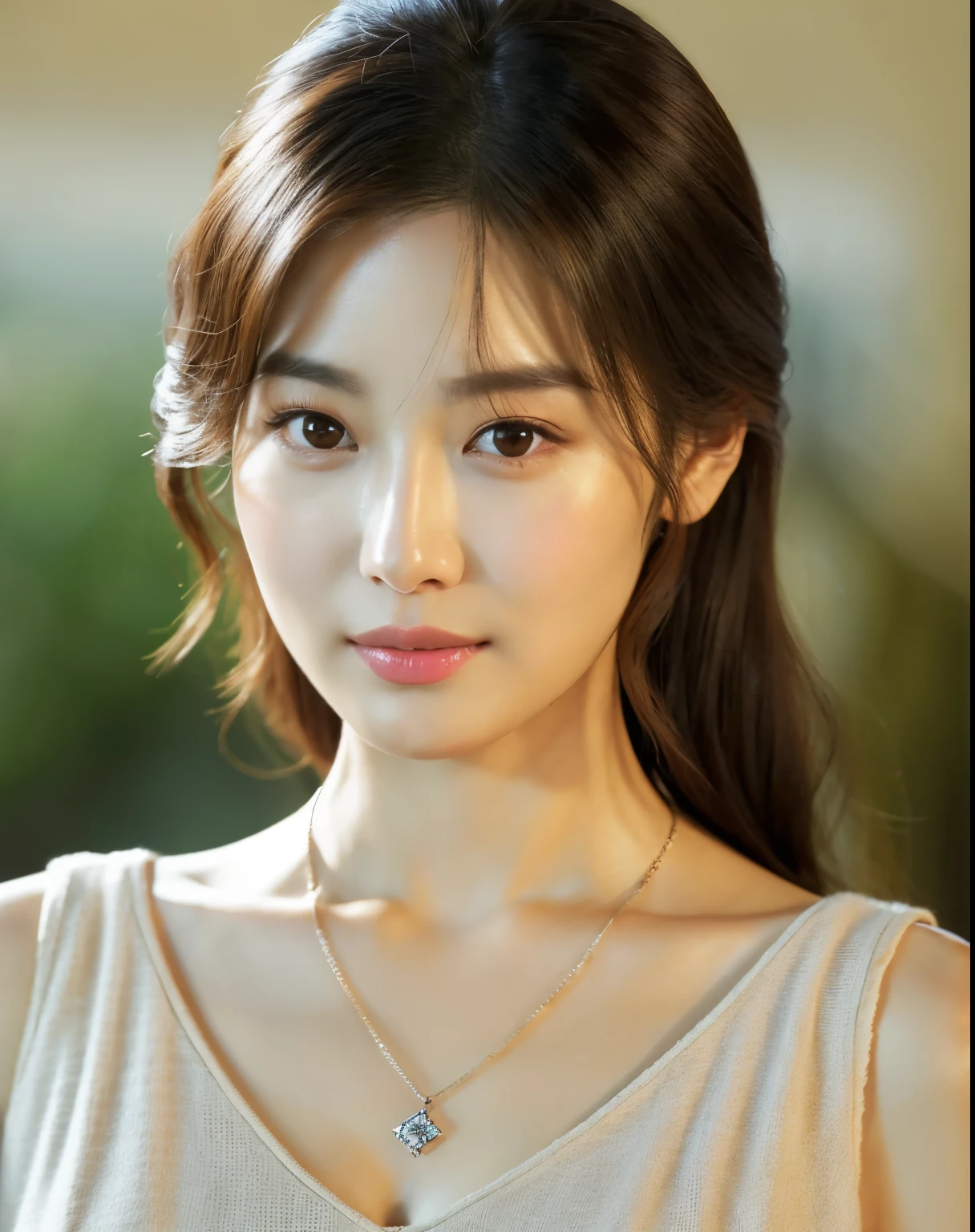 a close up of a woman wearing a tan top and a necklace, song hye - kyo, female actress from korea, cute korean actress, heonhwa choe, kwak ji young, jaeyeon nam, gongbi, lee ji-eun, lee ji - eun, hwang se - on, ruan jia beautiful!, beautiful south korean woman, jia