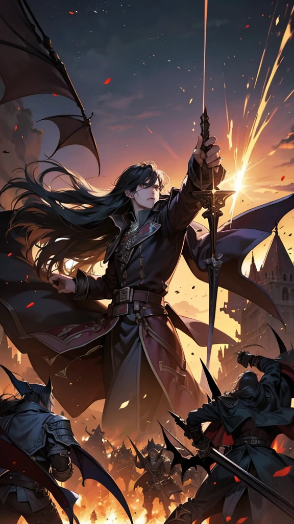 Castlevania Shadow Lord hyper realistic super detailed Dynamic shot masterpiece leading demon army troops into battle Hyper realistic hyper realistic war environment super detailed cinematic scenes movie Epic Legendary different angle of view