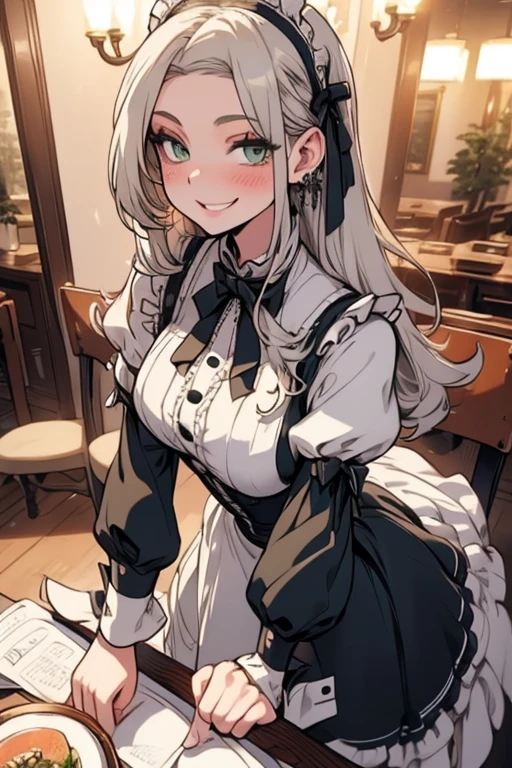 Perfect face. Perfect hands. A young silver haired woman with green eyes and an hourglass figure in a Lolita maid uniform is setting up a table in a fancy maid cafe with a big smile