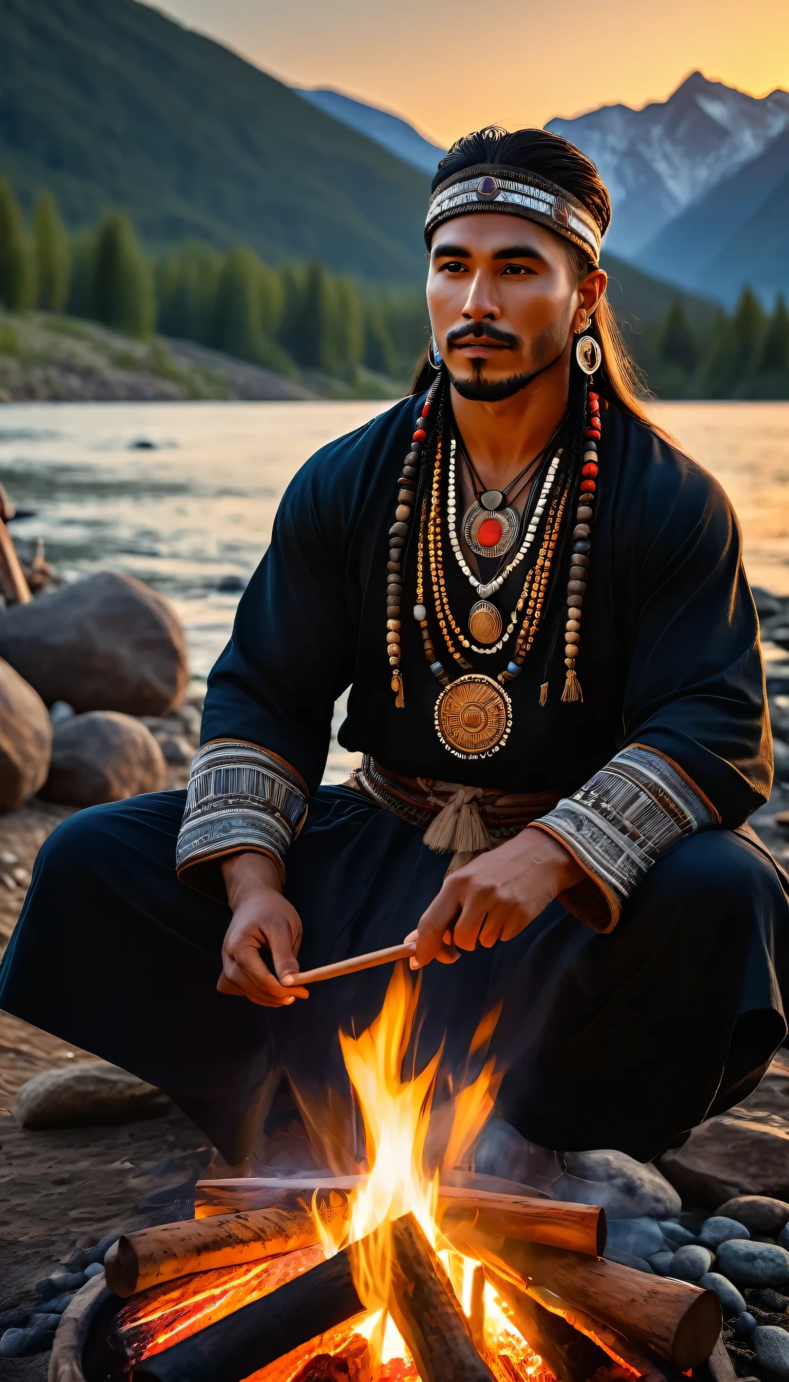 A shaman, campfire, group of people around, drum, mountains and river, spirits, shaman's power, solar eclipse, enlightenment, happiness, detailed shaman, detailed campfire, detailed people, detailed mountains and river, detailed spirits, (best quality,4k,8k,highres,masterpiece:1.2),ultra-detailed,(realistic,photorealistic,photo-realistic:1.37),highly detailed shaman, highly detailed campfire, highly detailed people, highly detailed mountains and river, highly detailed spirits, dramatic lighting, warm color tones, mystical atmosphere, cinematic composition, stunning landscape, spiritual energy, 8k, Ultrarealistic Photography, trending on Flickr, trending  on pinterest,  insanely detailed and intricate, Lifelike, Authentic, True-to-life, Genuine, Natural, Cinematic Lighting, Dramatic, Theatrical, Atmospheric, Evocative, Mood-setting, Award Winning Photography, Acclaimed, Recognized, Celebrated, Honored, Prize-winning, Sharp Focus, Crisp, Clear, Precise, Well-defined, Distinct, Masterpiece Photography, Iconic, Exceptional, Extraordinary, Stunning, Magnificent, Studio Photography, Controlled, Polished, Professional, Refined, Perfected, Nikon, High-quality, Reliable, Durable, Precision-engineered, Cutting-edge, No Filter Photography, Natural-looking, Unedited, Raw, Authentic, True-to-life, 8K Photography, High-resolution, Crystal-clear, Ultra-detailed, Immersive, Cutting-edge, Realistic Skin Texture, Lifelike, Natural-looking, Authentic, True-to-life, Genuine, Photorealistic, Hyper-realistic, True-to-life, Natural-looking, Authentic, Realistic, Hyper Realism, Ultra-detailed, Intensely realistic, Extremely lifelike, Highly precise, Stunningly accurate, Highly Detailed, Intricate, Elaborate, Meticulous, Comprehensive, Thorough, Flattering, Intimate, Personal, Impressive, Captivating, Professional Studio Lighting, Expertly lit, Skillfully crafted, Perfectly balanced, Impeccably executed, Artfully arranged, Million dollar Photoshoot, Memorable.
