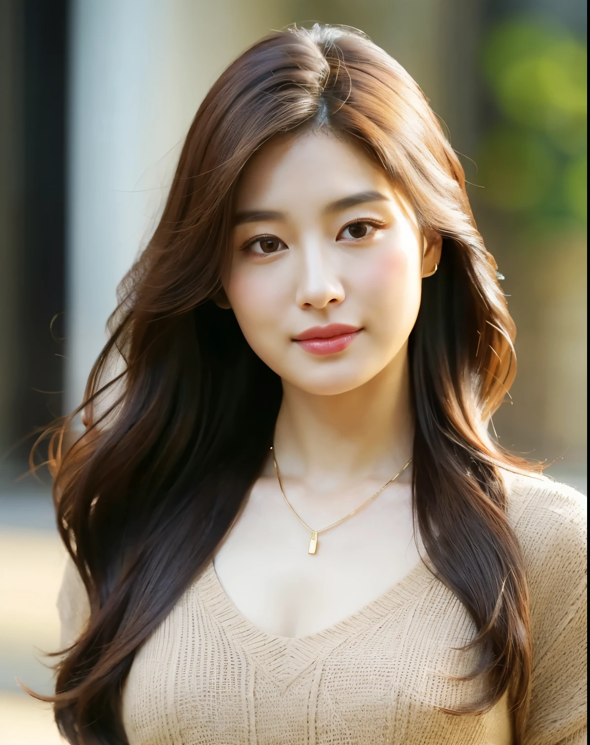 a close up of a woman wearing a tan top and a necklace, song hye - kyo, female actress from korea, cute korean actress, heonhwa choe, kwak ji young, jaeyeon nam, gongbi, lee ji-eun, lee ji - eun, hwang se - on, ruan jia beautiful!, beautiful south korean woman, jia