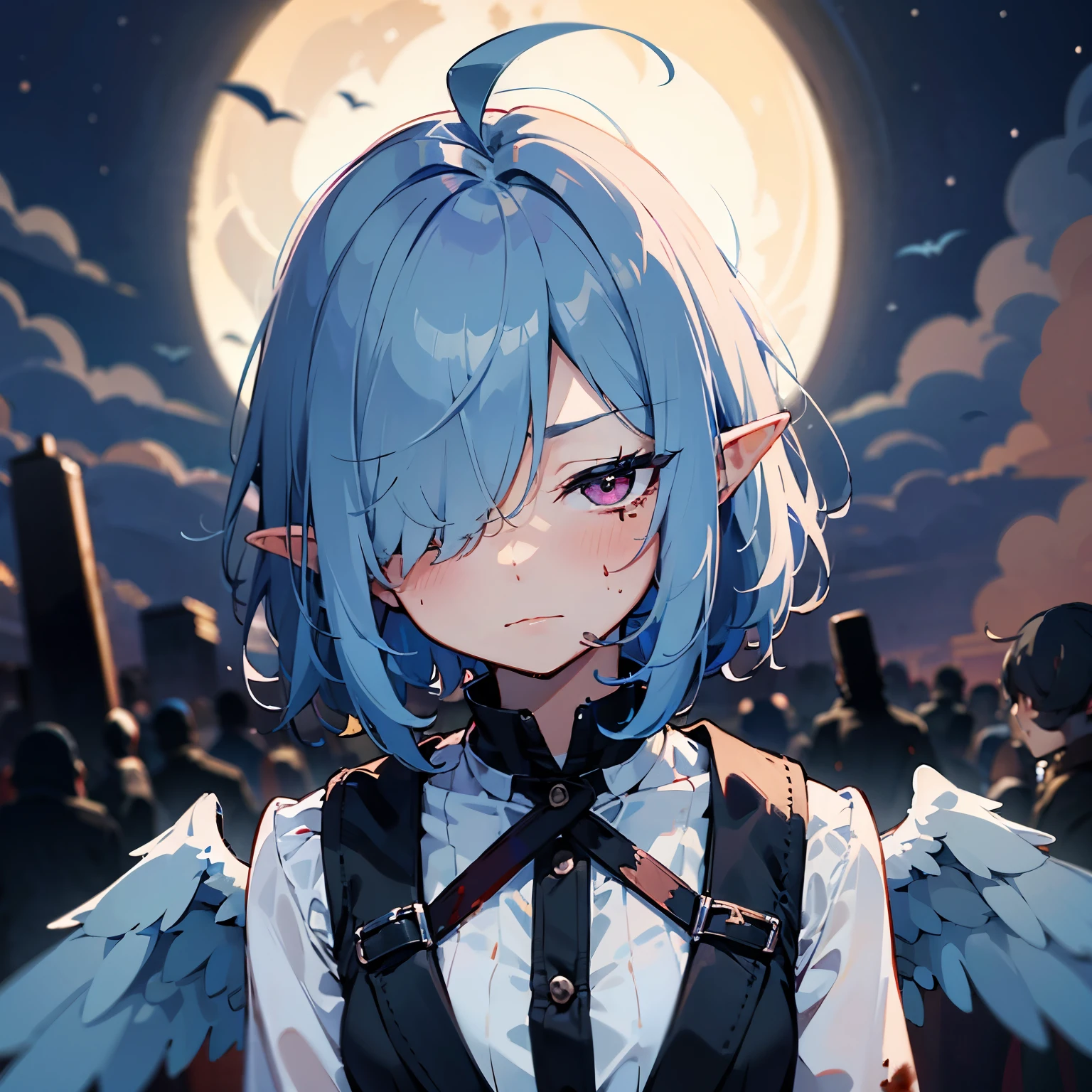 ((1girl)), greyish-blue hair, short hair, ((hair over one eye)), (small ahoge), elf ears, angel wings, (pink eyes), high quality, dim, dramatic lighting, focus on face, ((looking away from the viewer)), (frowning expression), dark atmosphere, (fisheye), (blood on cheek), injuries, (((night)))