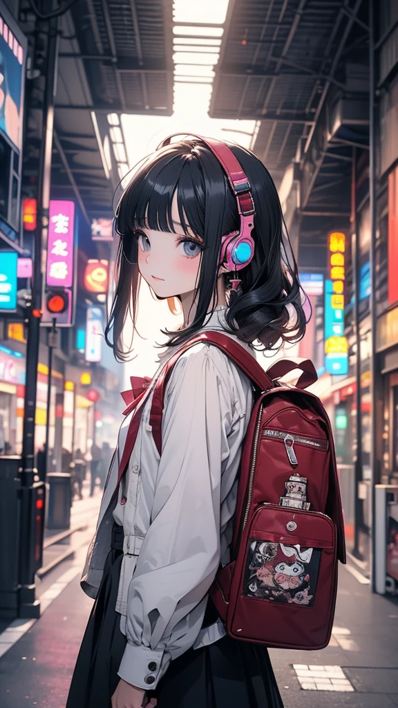 (masterpiece:1.4)、(of the highest quality:1.4)、Anime girl with headphones and backpack looking at cell phone, 4K anime style, (Very delicate and beautiful face.), (Beautiful eyes in every detail.), デジタルanimated art, night, digital anime illustration, animated art, Super detail, cyberpunk,