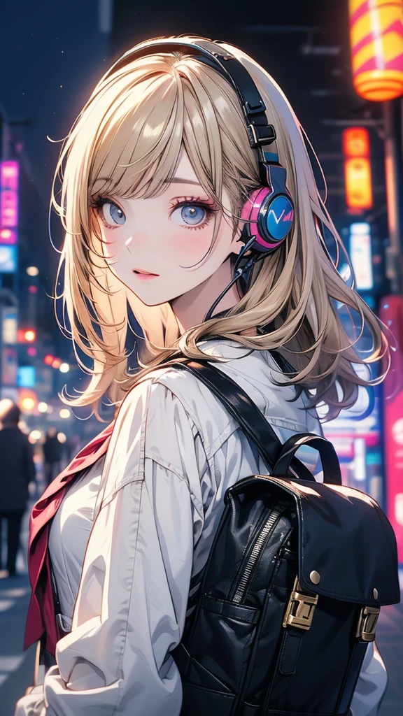 (masterpiece:1.4)、(of the highest quality:1.4)、Anime girl with headphones and backpack looking at cell phone, 4K anime style, (Very delicate and beautiful face.), (Beautiful eyes in every detail.), デジタルanimated art, night, digital anime illustration, animated art, Super detail, cyberpunk,