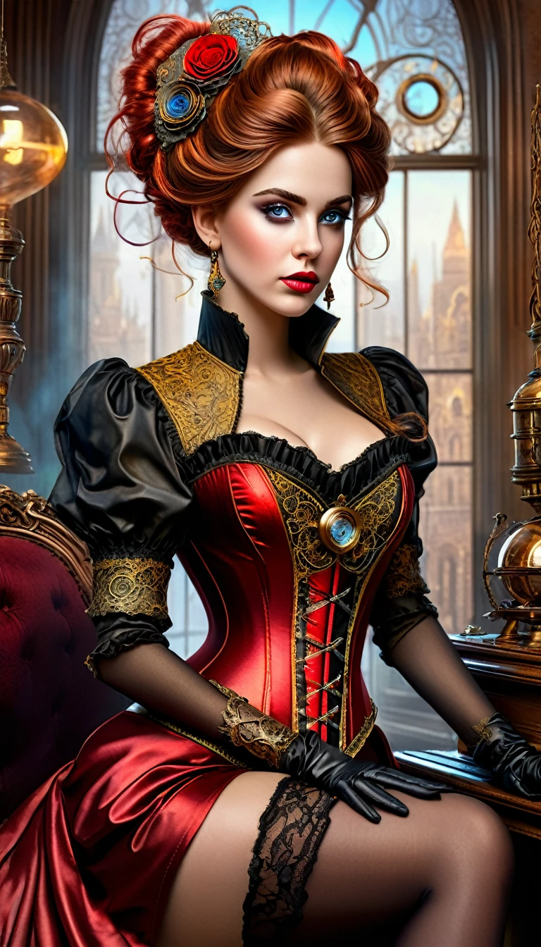 a magnificent, very beautiful and stunning Countess, red and gold satin corset, ethereal shape, hair in a messy bun, low-cut chiffon top, lace stockings, Fantasy Dream Art, reminiscent of a mix between steampunk deco and ultra hd futuristic aesthetic, realistic, vivid colors, highly detailed, UHD drawing, pen and ink, perfect composition, beautiful intricate details, incredibly detailed artstation octane rendering trends, 8k art photography, photorealistic concept art, smooth natural volumetric cinematic perfect light, watercolor, trends in art station, sharp focus, studio photo, complex, highly detailed,