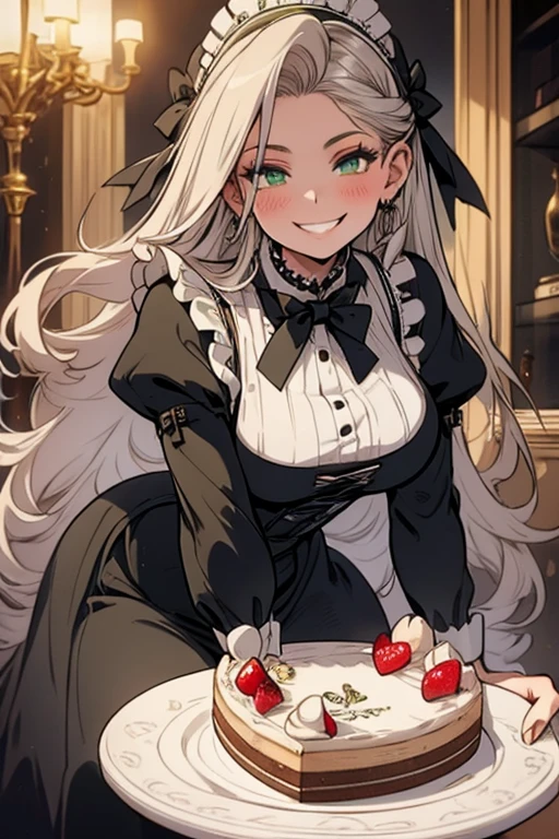 Perfect face. Perfect hands. A young silver haired woman with green eyes and an hourglass figure in a ta maid uniform is serving a slice of cake in a fancy maid cafe with a big smile
