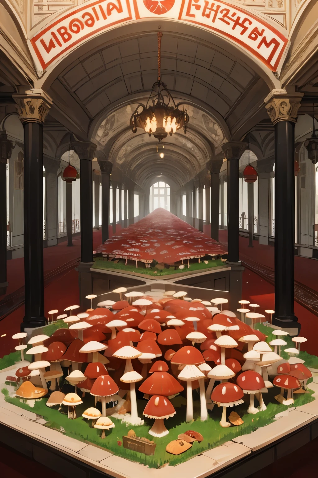 Pavilion of mushrooms and mushroom farming at the Exhibition of Economic Achievements of the USSR in Moscow during the Stalinist regime of Stalinism in 1935. The great Stalin is leading us to communism, he gave us happiness and freedom, he calls us to heroic deeds, great wise leader of the peoples. Long live the mushroom industry of the Soviet Union! Mushroom stands, Red flags, Mushrooms .... View from the street
