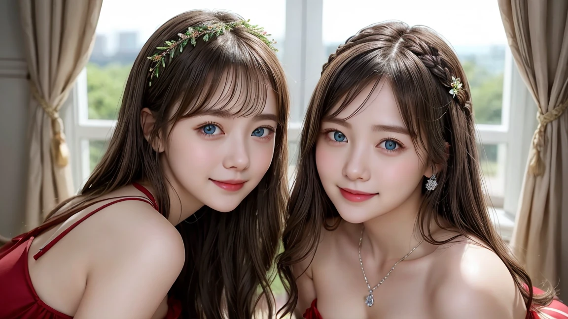 ( 3 girls),smile、Look into the camera、diamond necklace、braided hair, red strapless dress、The material is smooth and flexible..、revealing upper arms、Blue-green striped knee-length socks Extra long double tail feathers、close range shooting、Flower Hair Ornaments、Close your eyes、Garter、 Masterpiece, Highest quality, 8ก, beautiful girl, young face、 photography, Cute face, thigh,In the stream,、รอยsmile、small waist, blue eyes(((The chest is erect..)))(((round chest)))(((big breasts:1.0)))