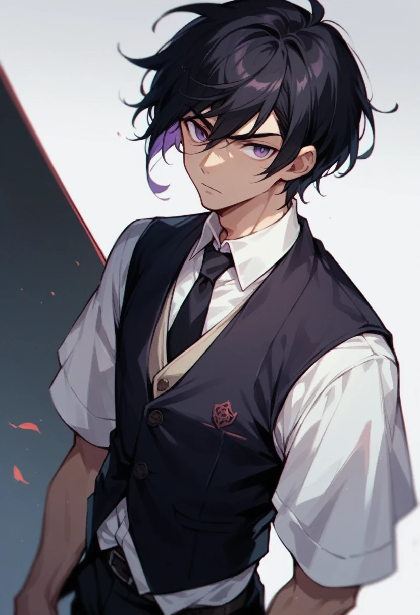 Man, handsome, purple eyes, black hair, short hair, vest