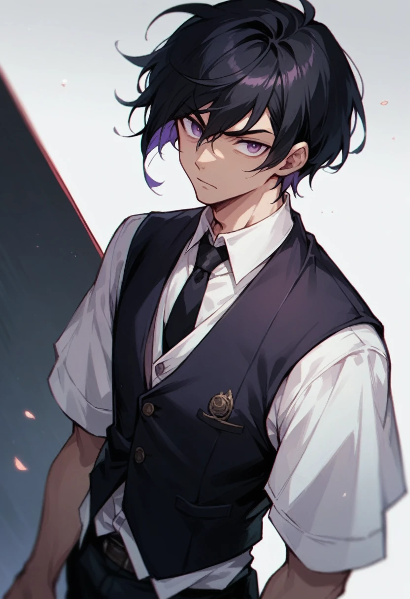 Man, handsome, purple eyes, black hair, short hair, vest