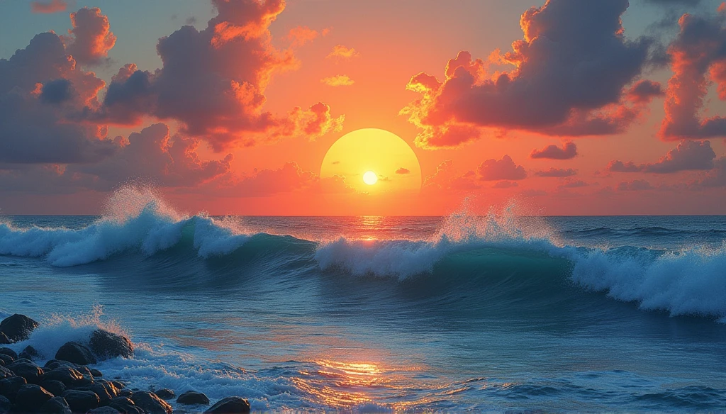 (((best qualityer))),(((ultra detaild))),(((work of art))),illustration,Big ocean,rise sun,symbol of possibility,New beginning