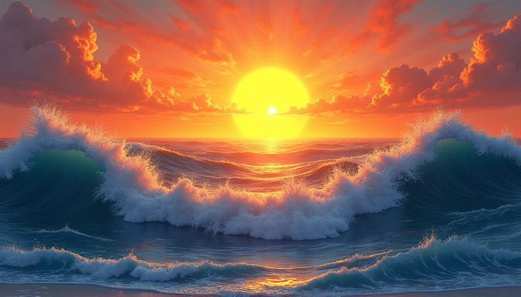 (((best qualityer))),(((ultra detaild))),(((work of art))),illustration,Big ocean,rise sun,symbol of possibility,New beginning