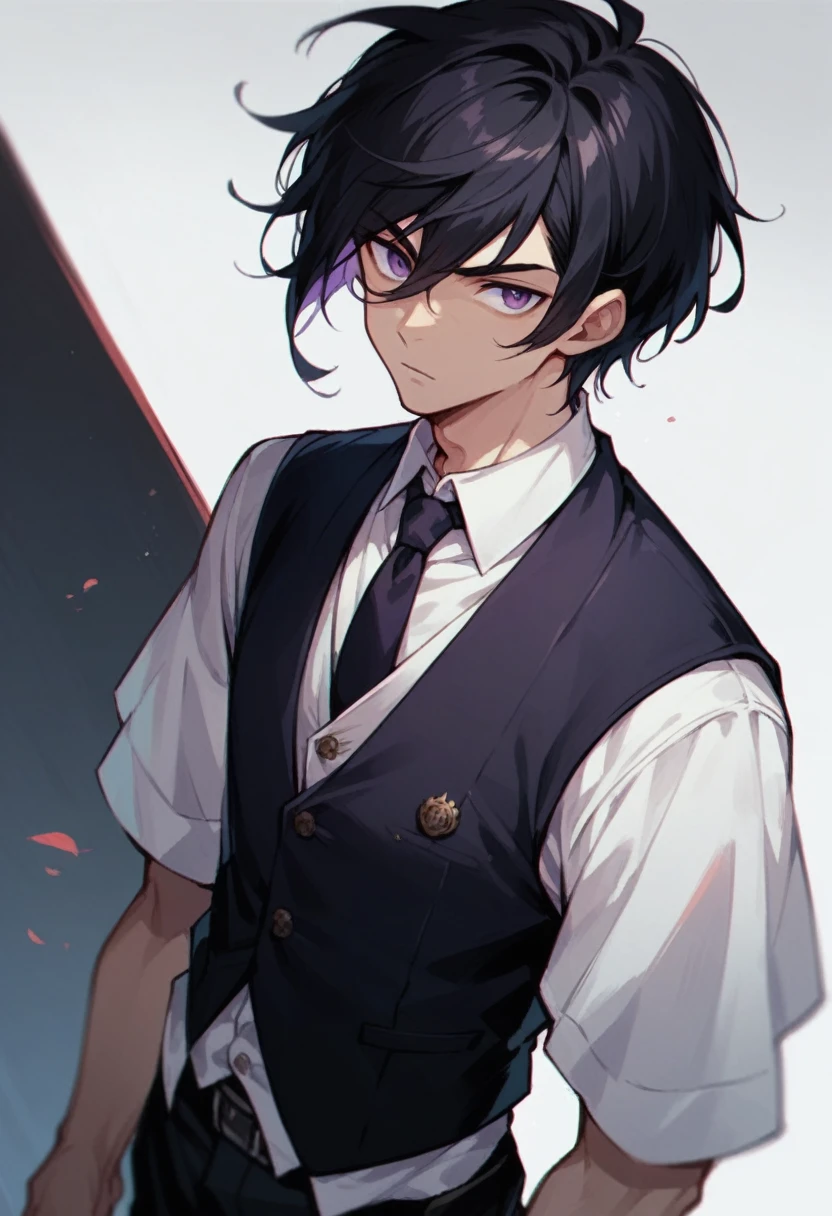 Man, handsome, purple eyes, black hair, short hair, vest