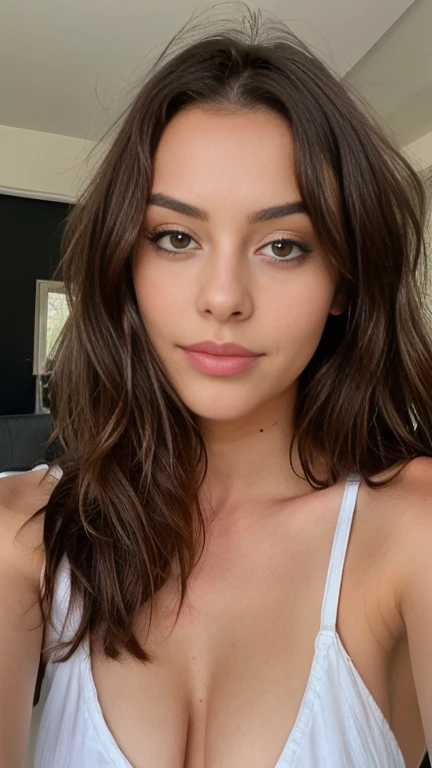 Pretty beautiful brunette (le noir a),Selfie, Low cut, very detailed, 18 ans, visage innocent, naturally wavy hair, yeux verts, high resolution, Boss of&#39;ouvrages d&#39;art, best quality, intricate details, very detailed, mise au point nette, detailed skin, texture de peau realistic, texture, detailed eyes, professionnel, 4K, charming smile, prise avec Canon, 85 millimeters, slight depth of field, kodak vision color, corps parfaitement ajusté, extremely detailed, Photograph_\(ultra\), photographiquerealistic, realistic, Post-traitement, maximum details, roughness, real life, ultrarealistic, photorealism, photographie, 8k uh, photographie