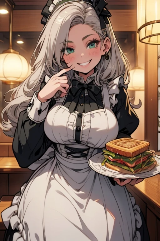 Perfect face. Perfect hands. A young silver haired woman with green eyes and an hourglass figure in a Lolita maid uniform is serving lunch in a fancy maid cafe with a big smile