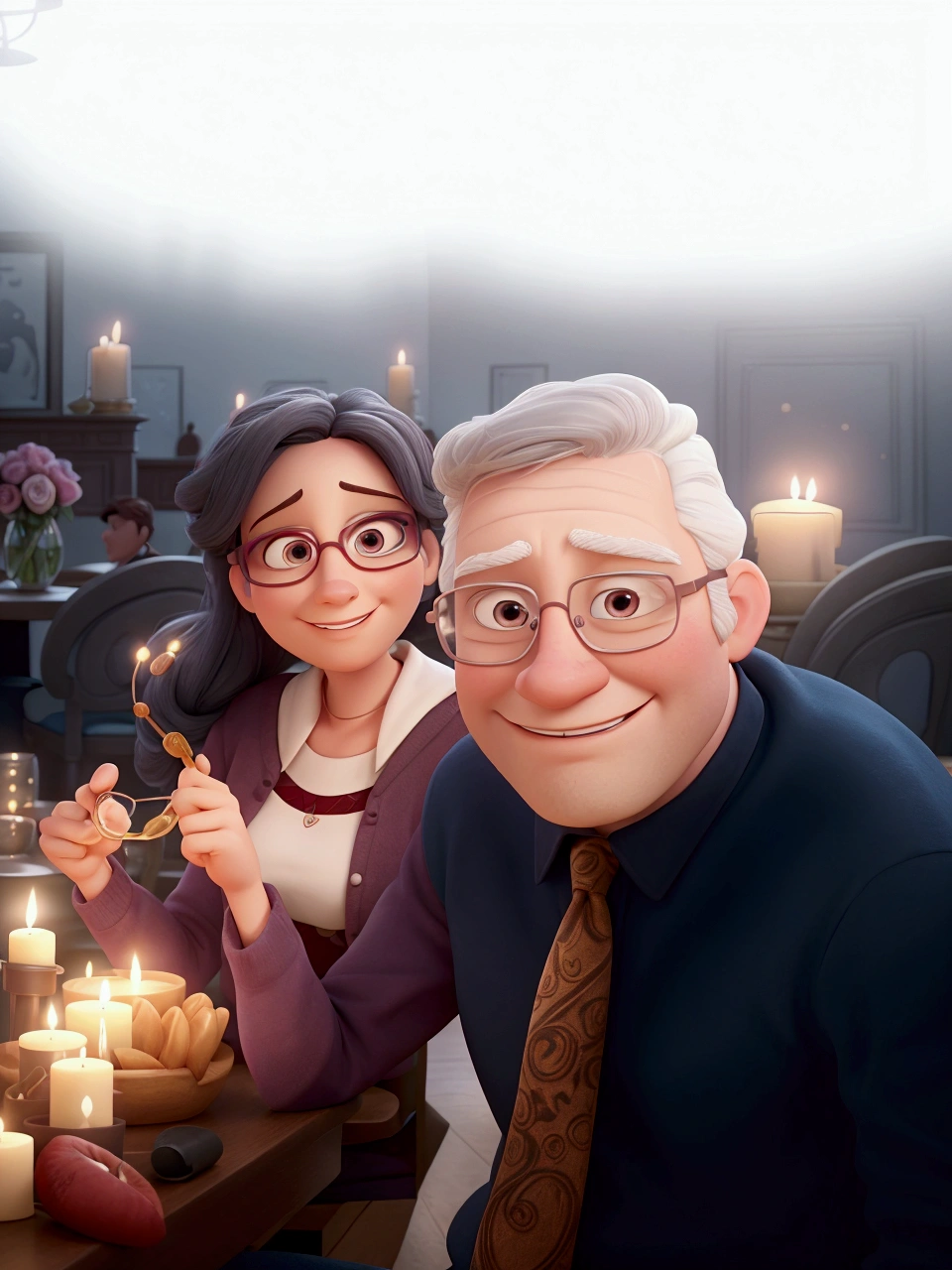 Poster not in the Disney Pixar style, high qualiy, best qualityer, white male, 30 years old gray hair, with background in a candlelit restaurant, white woman, dark hair, dark eyes with burgundy glasses.