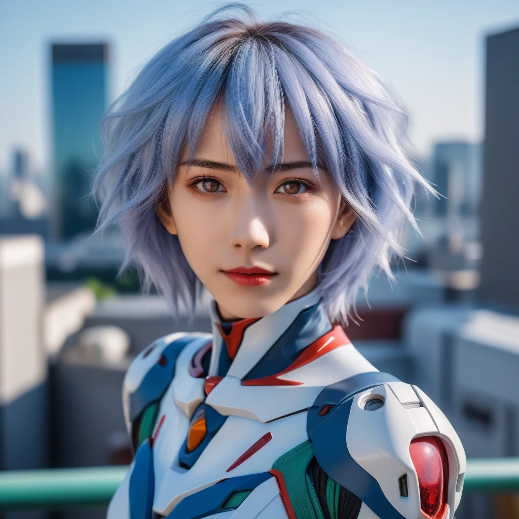 Medium close-up realistic 8K raw photography, (Captivating rei ayanami portrait:1.3), Balanced composition, Piercing gaze, Intricate attire, (Emotive expression:1.2), Urban cityscape background, Contrasting colors, (Soft natural light:1.3), Shot with a Nikon D850, Nikkor 85mm f/1.4 lens, Crisp details, Realistic skin tones, Emotional depth