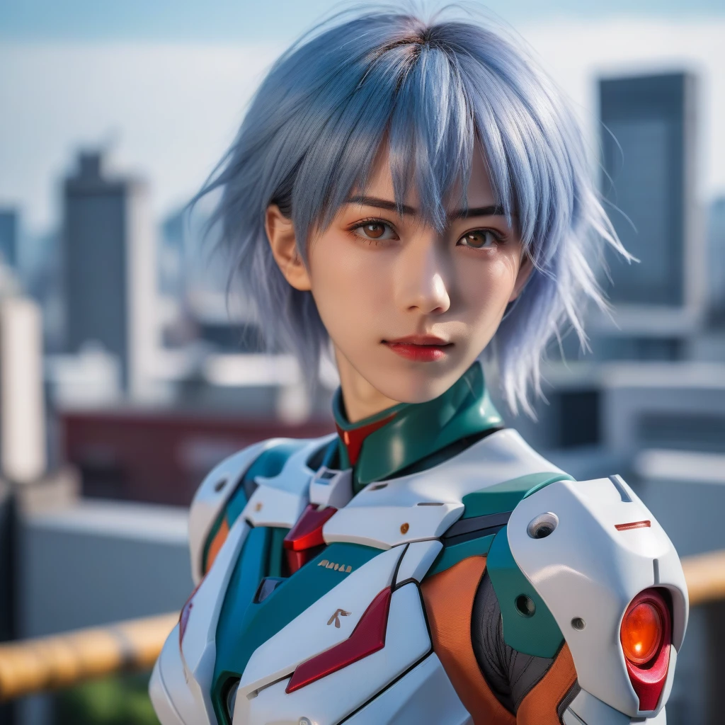 Medium close-up realistic 8K raw photography, (Captivating rei ayanami portrait:1.3), Balanced composition, Piercing gaze, Intricate attire, (Emotive expression:1.2), Urban cityscape background, Contrasting colors, (Soft natural light:1.3), Shot with a Nikon D850, Nikkor 85mm f/1.4 lens, Crisp details, Realistic skin tones, Emotional depth