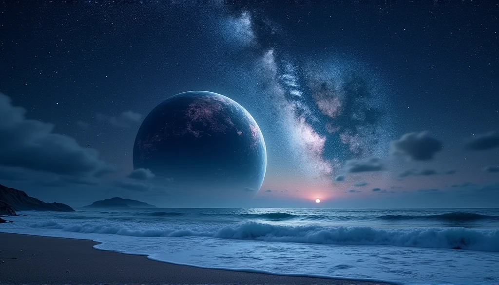 Huge planet, the night, starry sky, Surrealism, tabletop, high resolution、Impressive Milky Way、beach sand、blue sea、Drifting ice