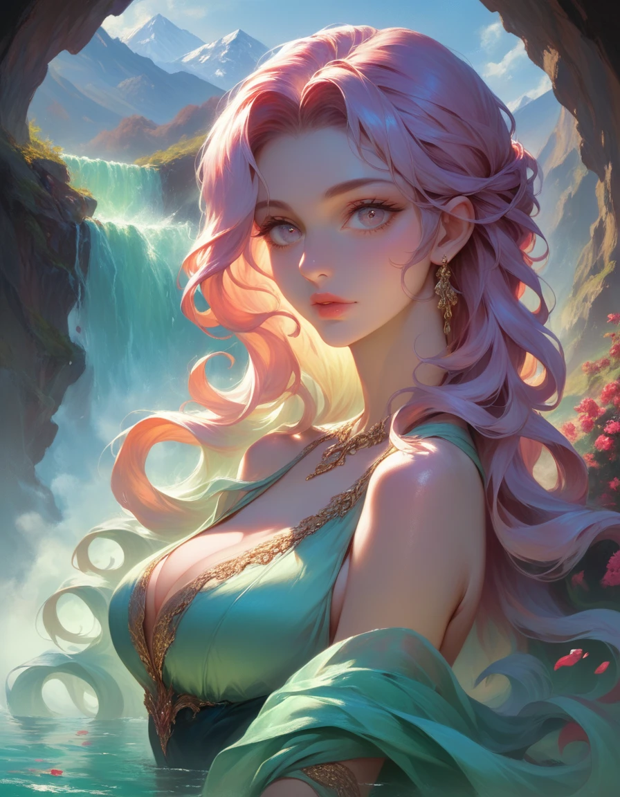 a beautiful indian woman bathing in a waterfall in the mountains, detailed portrait, beautiful detailed eyes, beautiful detailed lips, extremely detailed face, longeyelashes, elegant flowing hair, graceful posture, serene expression, water flowing around her, mist and fog in the background, warm natural lighting, hyper realistic, 8k, high quality, masterpiece, photorealistic, vibrant colors, dynamic composition, Dynamic Angle, full body photo
