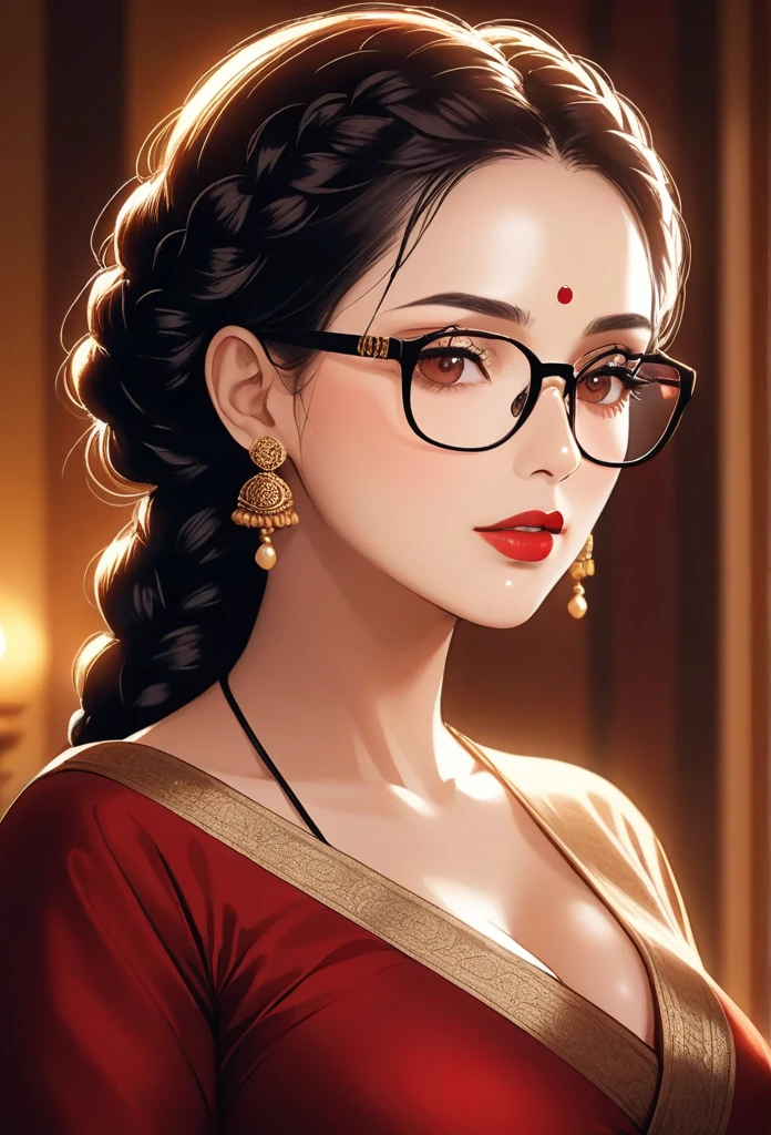 a mature lady with braided hair, wearing aesthetic glasses, face makeup, red lipstick, saree, jhumka earrings, saggy breasts, intricate details, high quality, photorealistic, cinematic lighting, warm color tones, elegant portrait