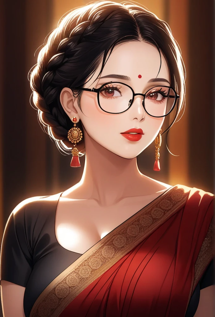 a mature lady with braided hair, wearing aesthetic glasses, face makeup, red lipstick, saree, jhumka earrings, saggy breasts, intricate details, high quality, photorealistic, cinematic lighting, warm color tones, elegant portrait