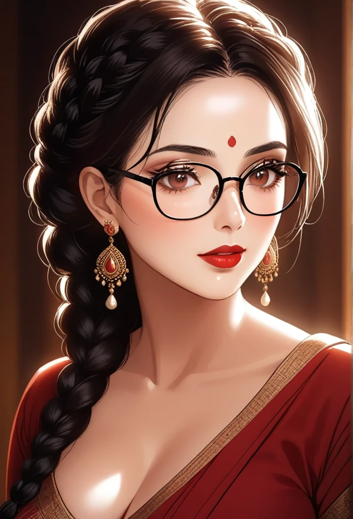 a mature lady with braided hair, wearing aesthetic glasses, face makeup, red lipstick, saree, jhumka earrings, saggy breasts, intricate details, high quality, photorealistic, cinematic lighting, warm color tones, elegant portrait