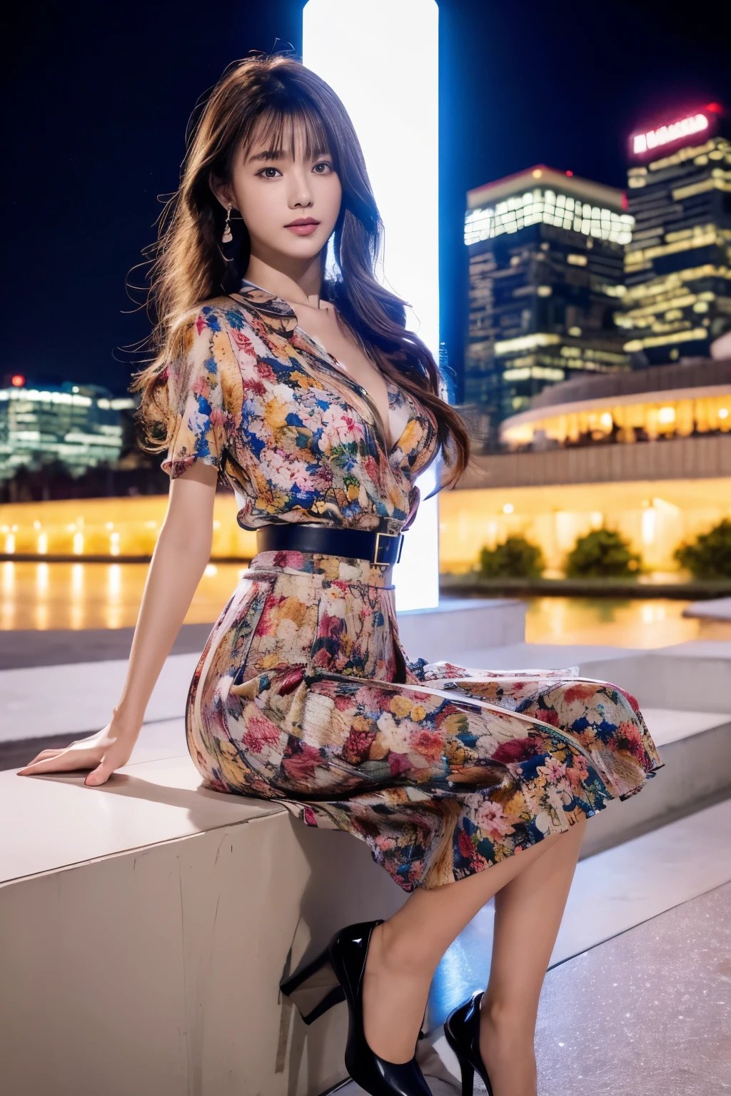 A woman in a dress sitting on a ledge near a river - SeaArt AI
