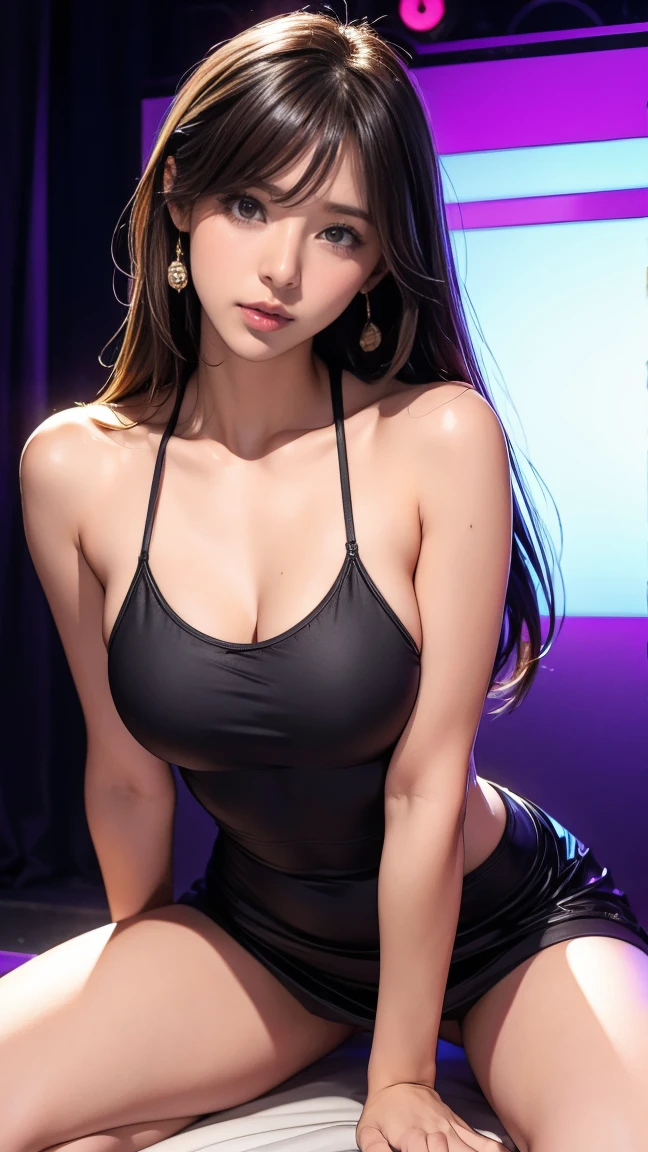 (best quality, masterpiece:), Ultra-high resolution, daytime, sunny, In nightclubs, Korean gravure model, 24 years old, Tight, , Wearing nightclub attire, High Legs,  Skinny, Bangs, long hair,  brown hair,, Fluffy hair, disheveled hair:1.2, Gorgeous earrings, beauty, Awkward, blush:1.3, Kneel down:1.3 ,面對鏡頭Kneel down,The expression is a bit painful:1.6,frown:1.6