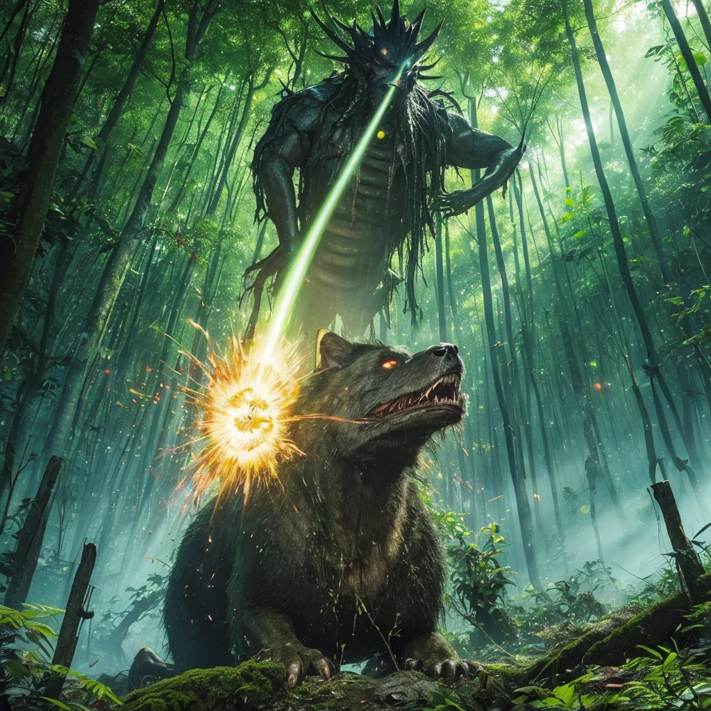 (masterpiece), best quality, Vietnam, horror, vibrant colors, (PERSONAL tropical Green Black), (blending:1.1), depth charge, (beautiful art), depth of field, no humans, cinematic lighting, (high resolution), outdoors, vietnam forest, sunny day, sparkle, shiny particles, beam of light, cosmic, eldritchtech, dark energy, horror \(theme\), insanevoid, NightScapes, gusen, Goosebumps style