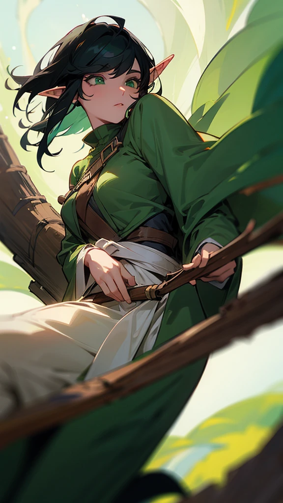 An elf with green eyes and black hair