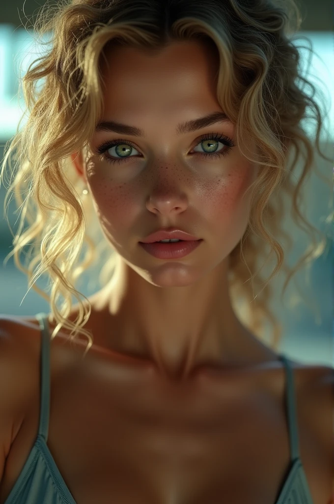 (best quality,highres,masterpiece:1.2),ultra-detailed,photorealistic:1.37,portrait,beautiful woman,curly hair,freckles,detailed eyes,detailed lips,dirty blonde hair,vibrant colors,soft lighting,studio setting,feminine,pensive expression,graceful pose,delicate features,subtle makeup,bokeh,shallow depth of field,subtle smile,rosy cheeks,airy feel,artistic composition, (((Ana de Armas))), (((Green eyes))), Cinematic, Hyper-detailed, insane details, Beautifully color graded, Cinematic Lightning, Insanely detailed and intricate, Hyper maximalist, Volumetric, Full color, HDR, shallow depth of field, high budget Hollywood film, cinemascope, moody, epic, gorgeous , (((((19 years old)))) , (((smile face))), (((full body shot))), she is in the gym, realistic, cute, 8k, full body shot, camel toe, neon background lights, 80s vibe, strip club vibe, exposed vagina lips, clit ring, nipple hard on, big labia