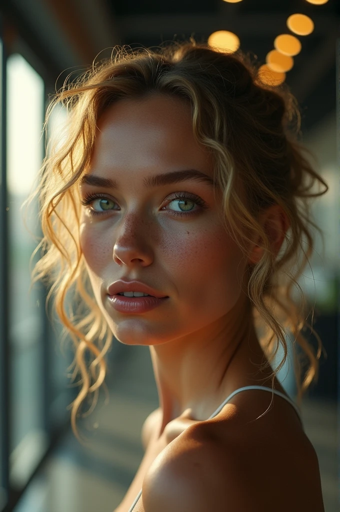 (best quality,highres,masterpiece:1.2),ultra-detailed,photorealistic:1.37,portrait,beautiful woman,curly hair,freckles,detailed eyes,detailed lips,dirty blonde hair,vibrant colors,soft lighting,studio setting,feminine,pensive expression,graceful pose,delicate features,subtle makeup,bokeh,shallow depth of field,subtle smile,rosy cheeks,airy feel,artistic composition, (((Ana de Armas))), (((Green eyes))), Cinematic, Hyper-detailed, insane details, Beautifully color graded, Cinematic Lightning, Insanely detailed and intricate, Hyper maximalist, Volumetric, Full color, HDR, shallow depth of field, high budget Hollywood film, cinemascope, moody, epic, gorgeous , (((((19 years old)))) , (((smile face))), (((full body shot))), she is in the gym, realistic, cute, 8k, full body shot, camel toe, neon background lights, 80s vibe, strip club vibe, exposed vagina lips, clit ring, nipple hard on, big labia