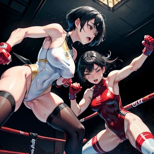 dynamic punches and punces. whole body picture. two bloody beautiful Japanese female fighters are glaring at each other. They are banging their punches against their opponents in the octagon ring. Blood is dripping from their nose. they are covered in scars and bruises. they are damaged terribry. Short-cut black hair, out of breath, drooling from mouth, one eye closed, exhausted, drenched in sweat. Erect nipples. open finger glove. high-leg leotard. Stockings. arm-warmers. Excellent proportion body.