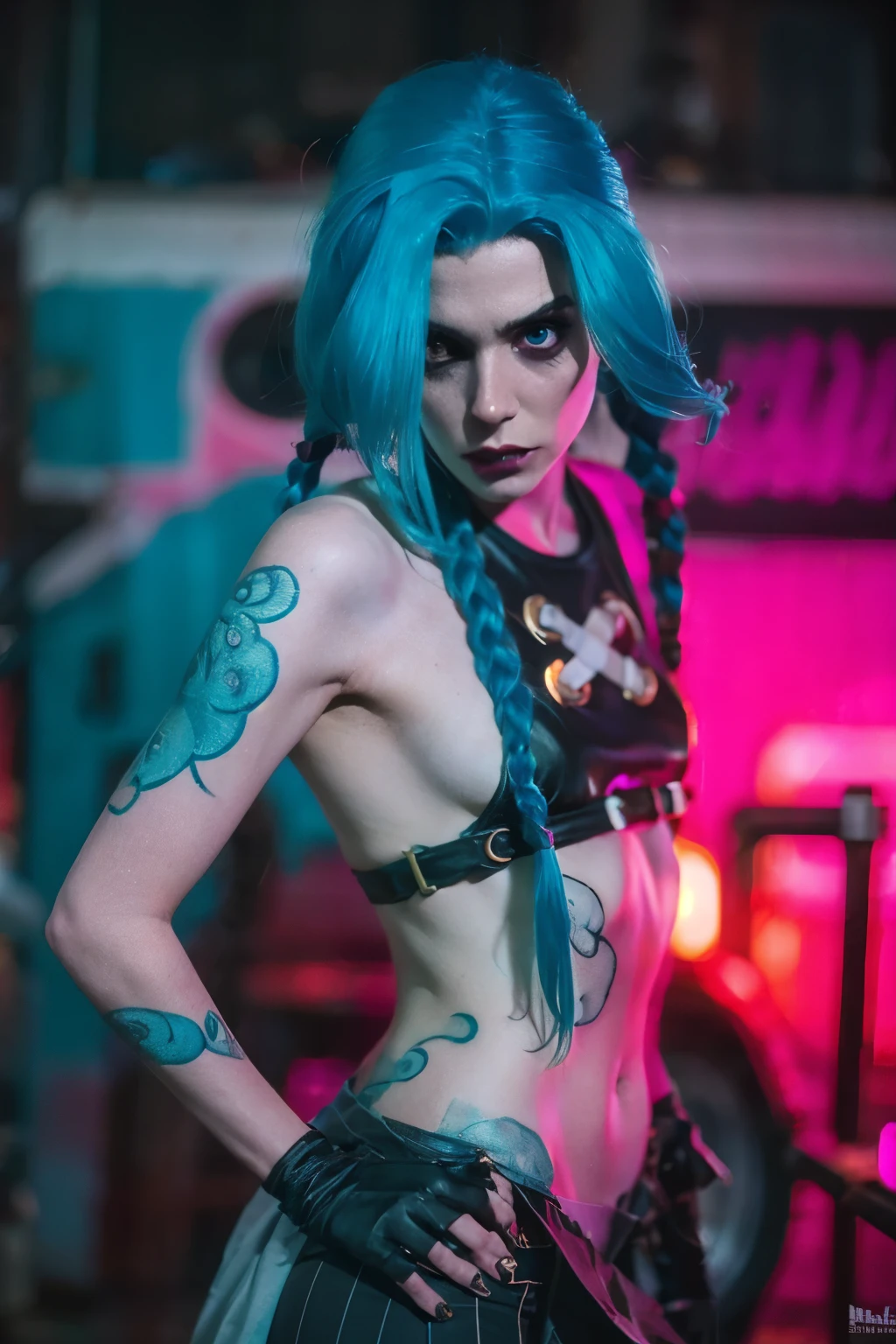 Hyper realistic super detailed Jinx cosplay , ((Young teen girl, 15 years old)) , Very detailed, (hyper realistic: 1.4), in dynamic pose, angry face, twin braids, long hair, blue hair,( red eyes) , tattooed arm , (((angry face))), arcane style. ((Grunge wall Neon grafitti background, cinematic lighting)).