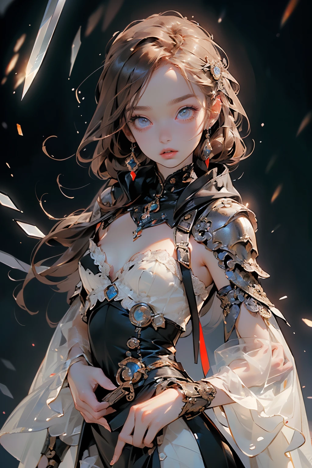(((masterpiece, of the highest quality, super detailed))), (a female knight of an occult order), ((((a sword with a digital glitch-like effect to the blade as though it is rapidly flickering in and out of reality, with a very slight warping effect around it similar to gravitational lensing, is floating next to her)))), Edwardian/Victorian era inspired, ((minimal but intricate beautiful armour)), Fluttering lace flared dress with frilly petticoats, ((((Highly detailed face))), (((Very sharp focused eyes))), very long eyelashes, small breasts, (((flat chest:1.1))), occult aesthetic, (red and white clothing detailed and intricate steampunk and detailed gothic), (with a hood), complex lace boots