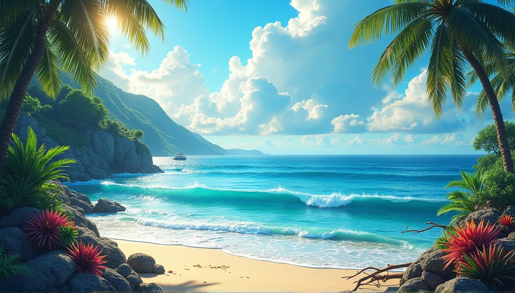 detailed fantasy seascape, a vast ocean under a bright summer sun, gentle ocean breeze, idyllic seaside, dramatic sky with soft clouds, sunlight sparkling on the water, detailed waves and ripples, sandy beach with driftwood, lush tropical foliage, colorful marine life, ultra-detailed, 8k, photorealistic, masterpiece, vibrant colors, natural lighting