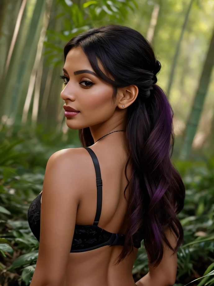 Create an ultra-realistic long-distance photo of two modern, attractive female influencers of Indian descent, aged between 27 to 30, captured from the back side. They should have warm and inviting smiles, expressive almond-shaped eyes with a slight shimmer, and clear, glowing skin with a medium brown complexion. Their features should be well-defined, with high cheekbones and sharp jawlines. Their hair should be styled in elegant updos with loose tendrils framing their faces, colored in a deep, reddish-purple hue that’s bold yet sophisticated. They should have slender yet athletic builds, reflecting healthy and active lifestyles.
One influencer has a slender face, while the other has a round face. Both are wearing stylish mini bras, one in black and the other in a different color, paired with pleated for a monochromatic and sophisticated look. They are holding long bamboo sticks, adding an adventurous touch to their attire.
The background should feature a dense mountain forest, captured from a long distance, with thick foliage, rugged terrain, and dappled sunlight filtering through the trees. The influencers should be seen from behind as they navigate through the forest, emphasizing their silhouettes against the natural landscape.