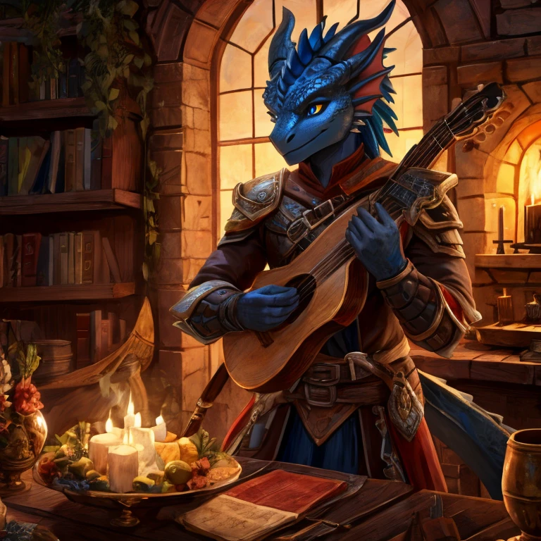 Blue Dragonborn, bard, playing the lute, detailed front, high resolution, Detailed lighting