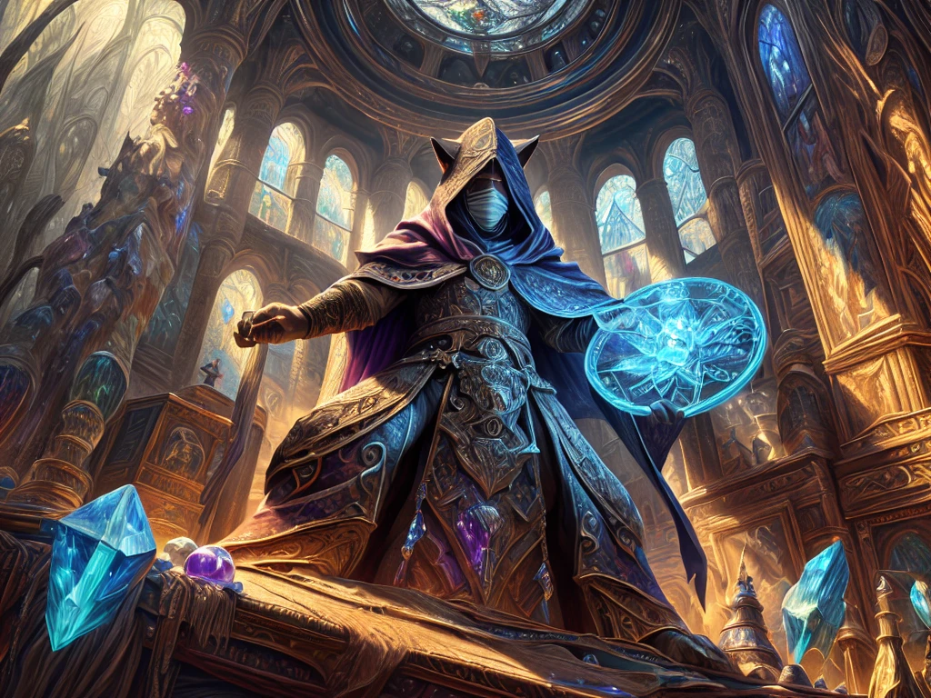 high details, best quality, 8k, [ultra detailed], masterpiece, best quality, (extremely detailed), dynamic angle, ultra wide shot, photorealistic, RAW, fantasy art, dnd art, fantasy art, realistic art, a wide angle view wallpaper of a wizard (intense details, Masterpiece, best quality: 1.5) looking into his [[cell phone]] (intense details, Masterpiece, best quality: 1.5), blue magical energy from the cell phone V0id3nergy  (intense details, Masterpiece, best quality: 1.5)  there is a crystal ball on the table,  human male wizard, fantasy wizard (intense details, Masterpiece, best quality: 1.5), D&D wizard, mature feline female (intense details, Masterpiece, best quality: 1.5), [[anatomically correct]], dynamic hair, dynamic eyes, wearing magical robe, covered face, only eyes visible, (intense details, Masterpiece, best quality: 1.5), dynamic colors, ultra detailed face (intense details, Masterpiece, best quality: 1.5), in her laboratory (intense details, Masterpiece, best quality: 1.5), many magical tomes, magical library (intense details, Masterpiece, best quality: 1.5), many magical vials, ultra wide angle from a medium distance