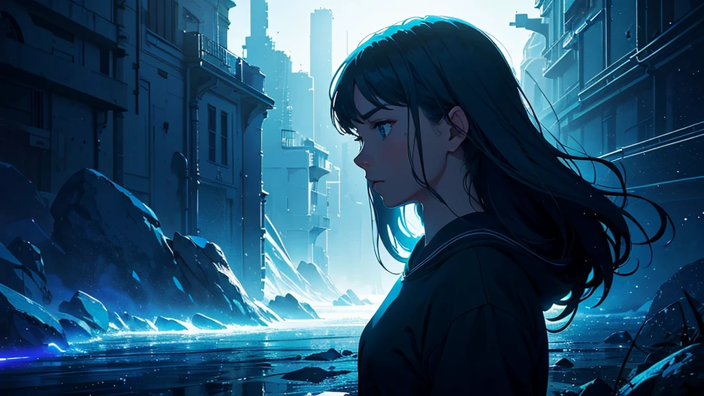 a close up of a person standing in front of a blue background, impactful ambient, ambient key art, mistic ambient, sublime ambience, sublime comforting ambience, nostalgic melancholic artwork, ambient, ambient light, ambient style, cinematic ambient lighting, sublime-comforting ambience, alena aenami and android jones, ambient light background