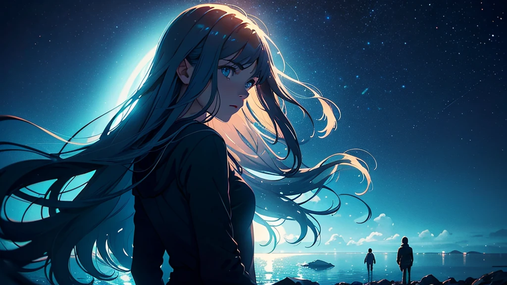 a close up of a person standing in front of a blue background, impactful ambient, ambient key art, mistic ambient, sublime ambience, sublime comforting ambience, nostalgic melancholic artwork, ambient, ambient light, ambient style, cinematic ambient lighting, sublime-comforting ambience, alena aenami and android jones, ambient light background